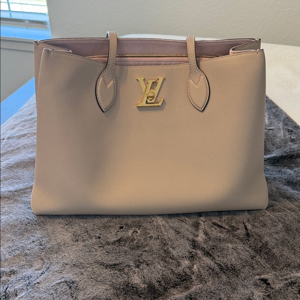 Louis Vuitton Neutral Beige LockMe Leather Tote with Gold LV Emblem